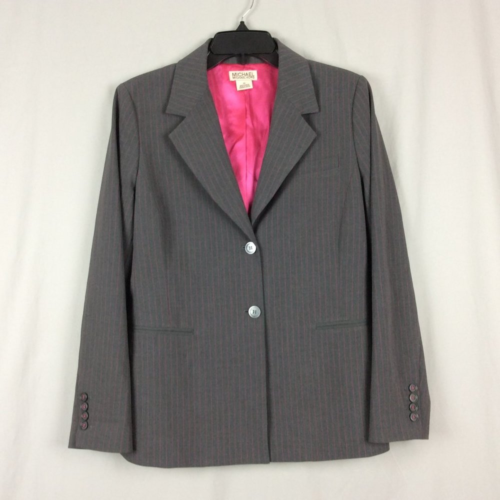 Michael Kors Gray Pinstripe Blazer Hot Pink Fuchsia Lining Suit Jacket 10